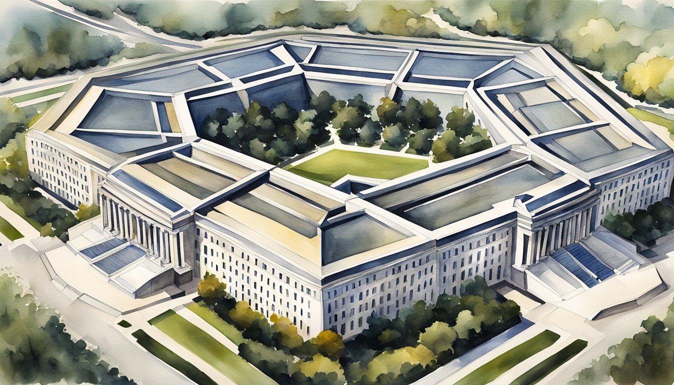 The Pentagon stands tall, its five sides forming a distinctive shape.</p><p>Surrounding it are symbols of American history and culture, representing the significance of this iconic building