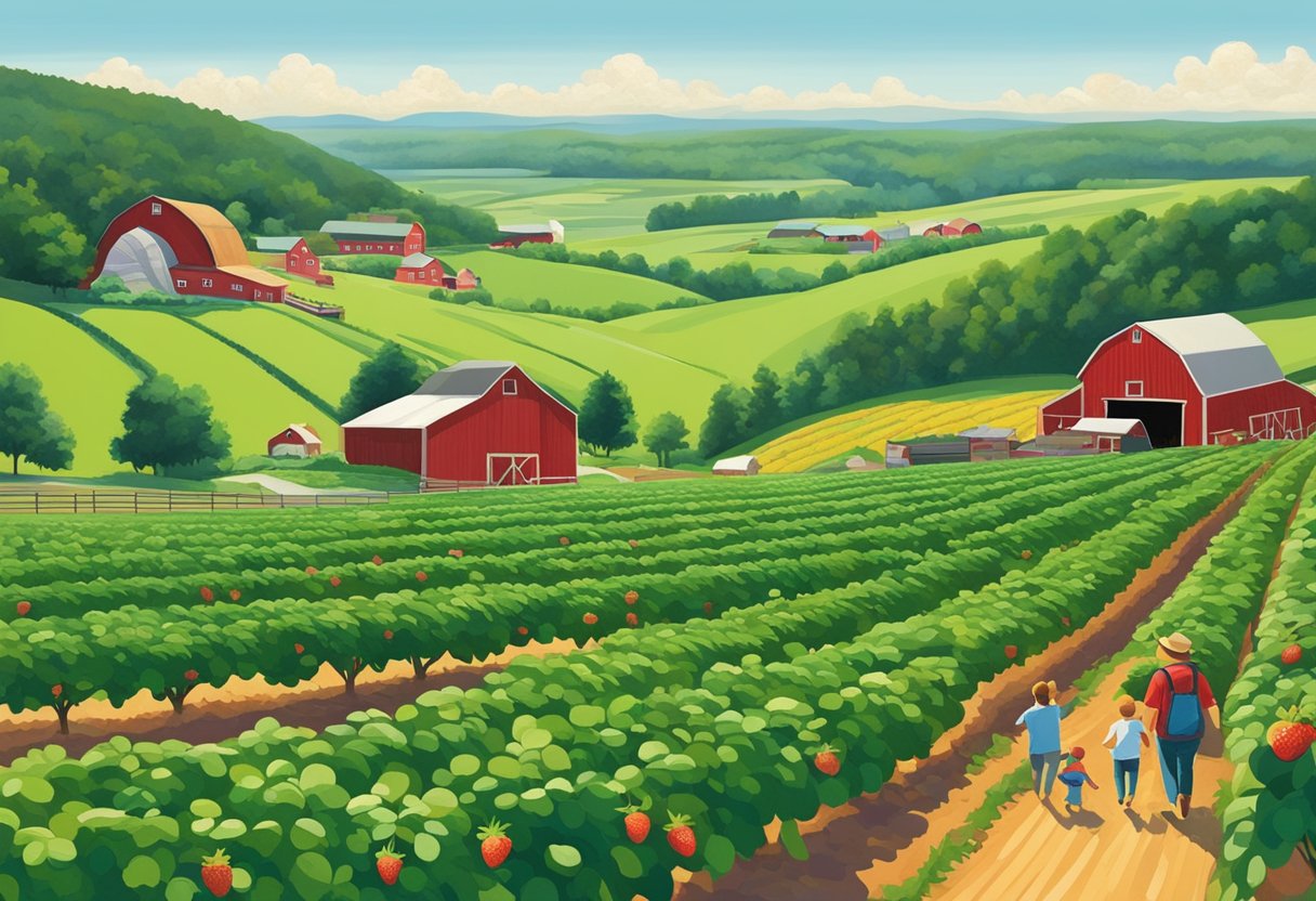 Lush strawberry fields with families picking fruit, red barns in the distance, and a backdrop of rolling green hills near Green Bay, WI