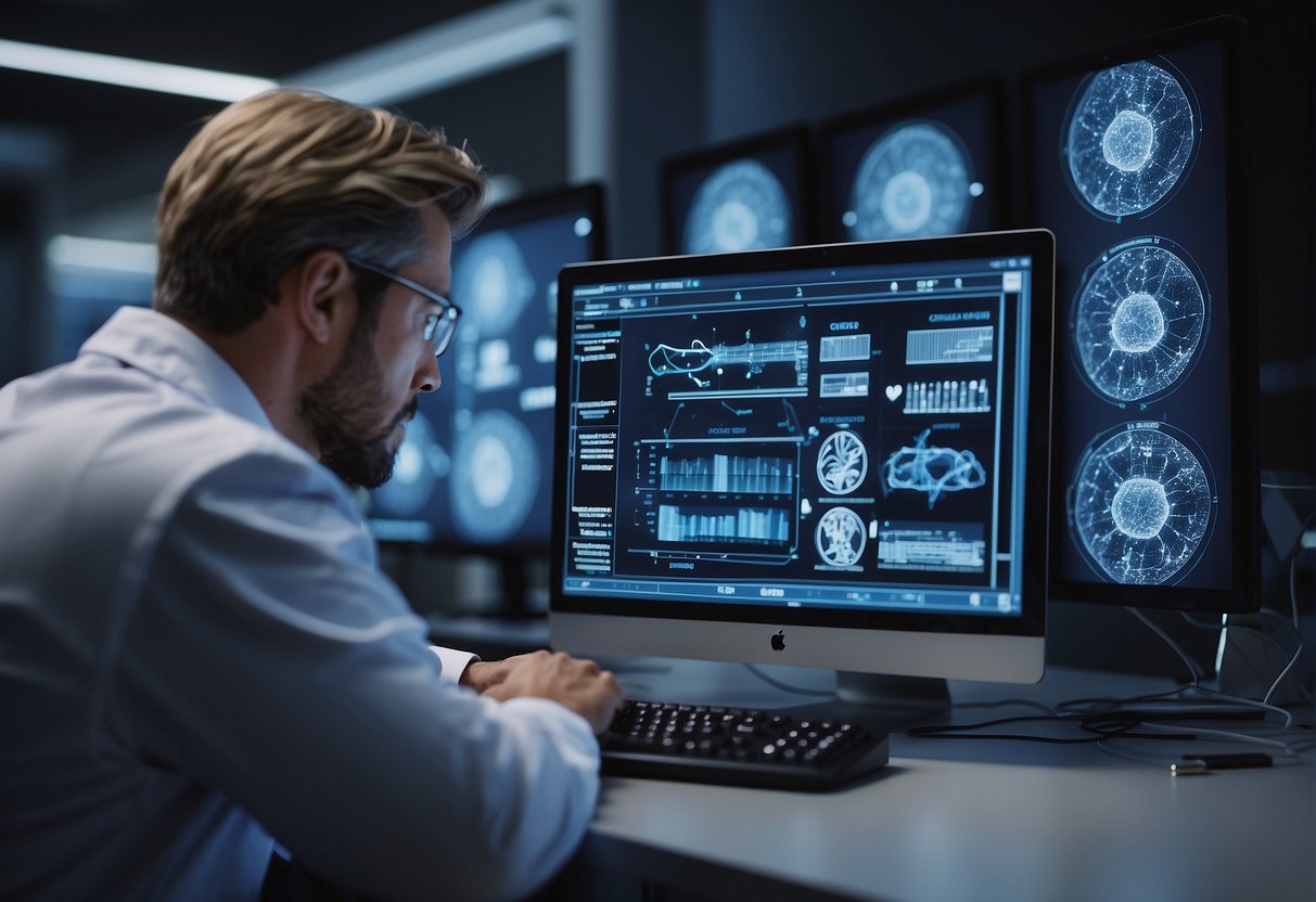 A scientist uses a computer to edit genes, while a DNA strand is displayed on the screen. The AI system assists in the process