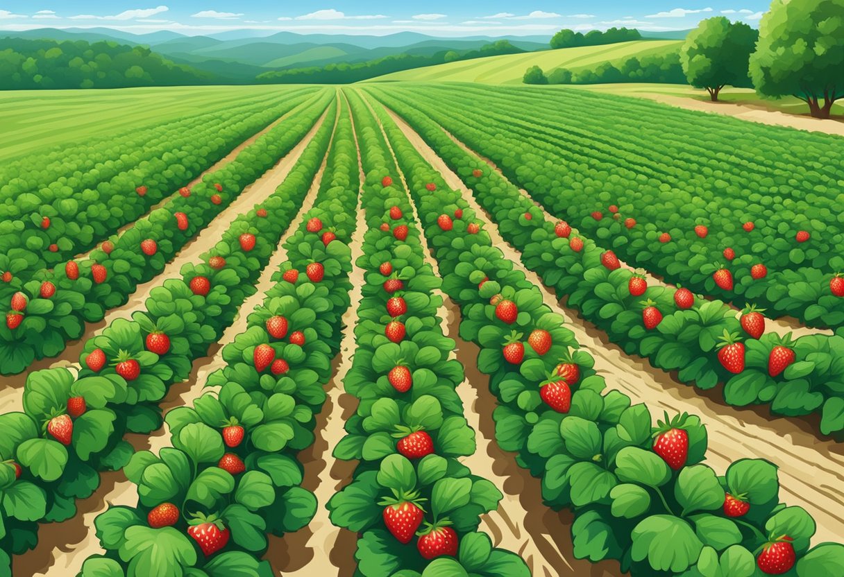 Lush green fields with rows of ripe strawberries under a clear blue sky, surrounded by rolling hills near Greenville, SC