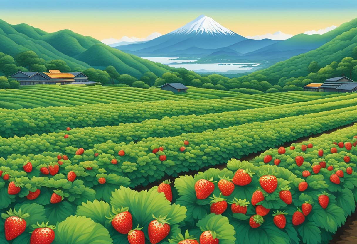 Lush green fields stretch to the horizon, dotted with rows of vibrant red strawberries ripe for picking. The iconic Hakone mountains loom in the distance, adding a picturesque backdrop to the idyllic scene