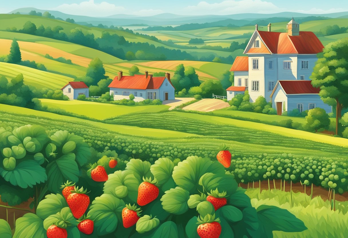 Lush green fields stretch to the horizon, dotted with ripe red strawberries. A quaint farmhouse sits in the distance, surrounded by happy pickers