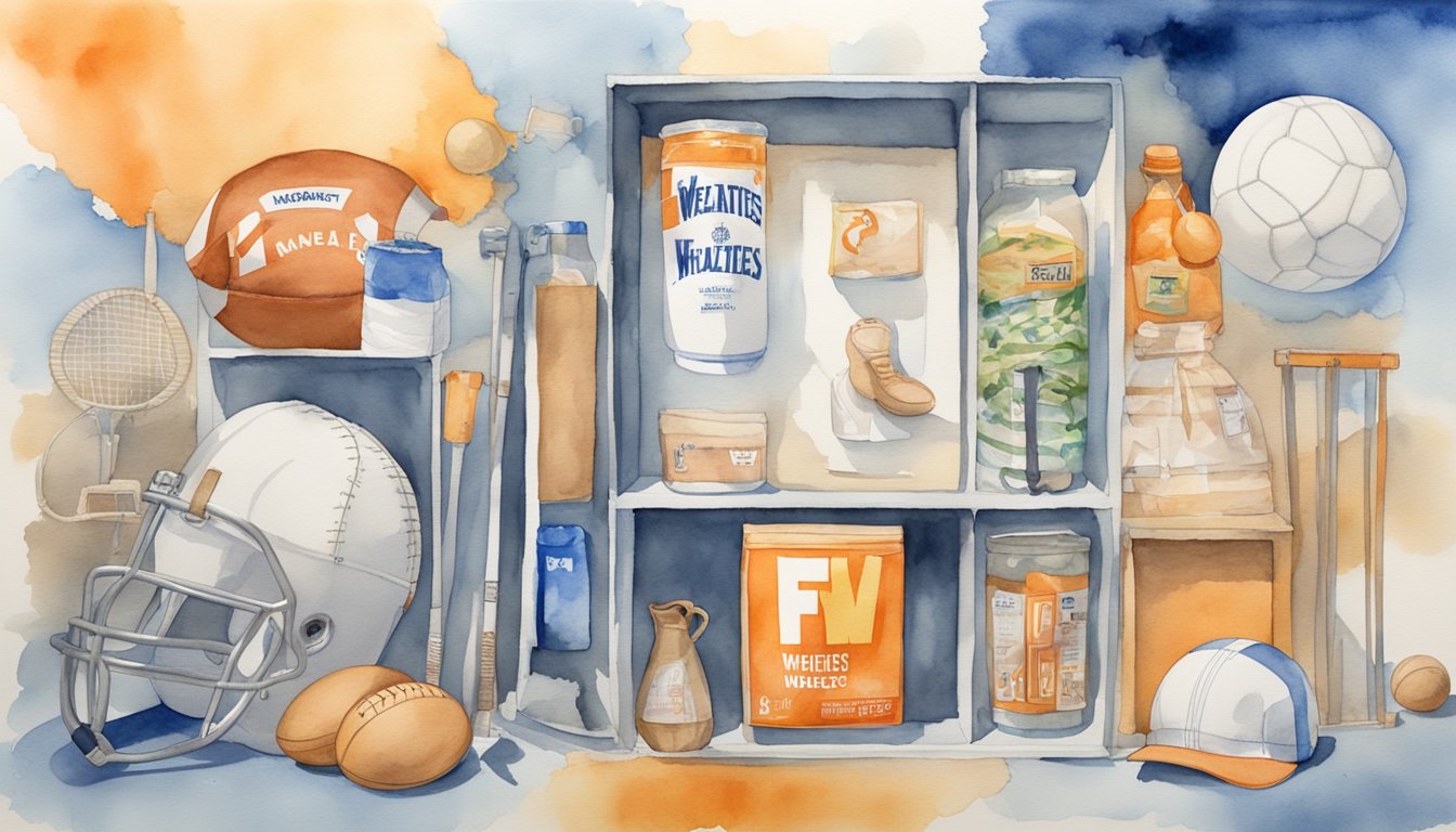 A Wheaties box with a prominent athlete featured, surrounded by sports equipment and symbols of athletic achievement