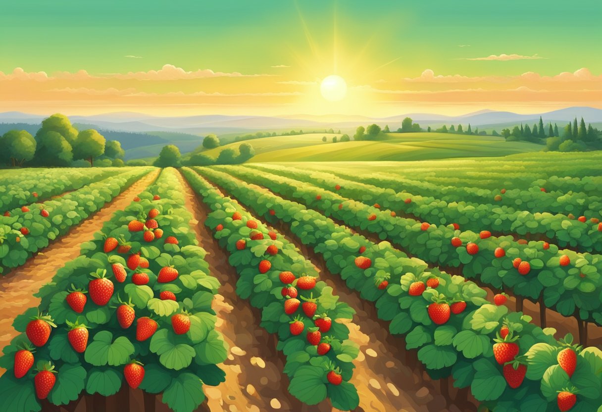 Lush green fields stretch to the horizon, dotted with vibrant red strawberries ripe for picking. The sun shines overhead, casting a warm glow on the picturesque scene