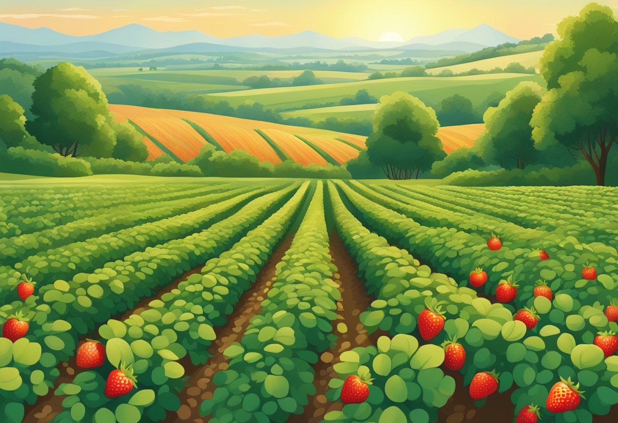 Lush green fields stretch to the horizon, dotted with rows of ripe, red strawberries. A gentle breeze rustles the leaves as the sun bathes the scene in a warm glow