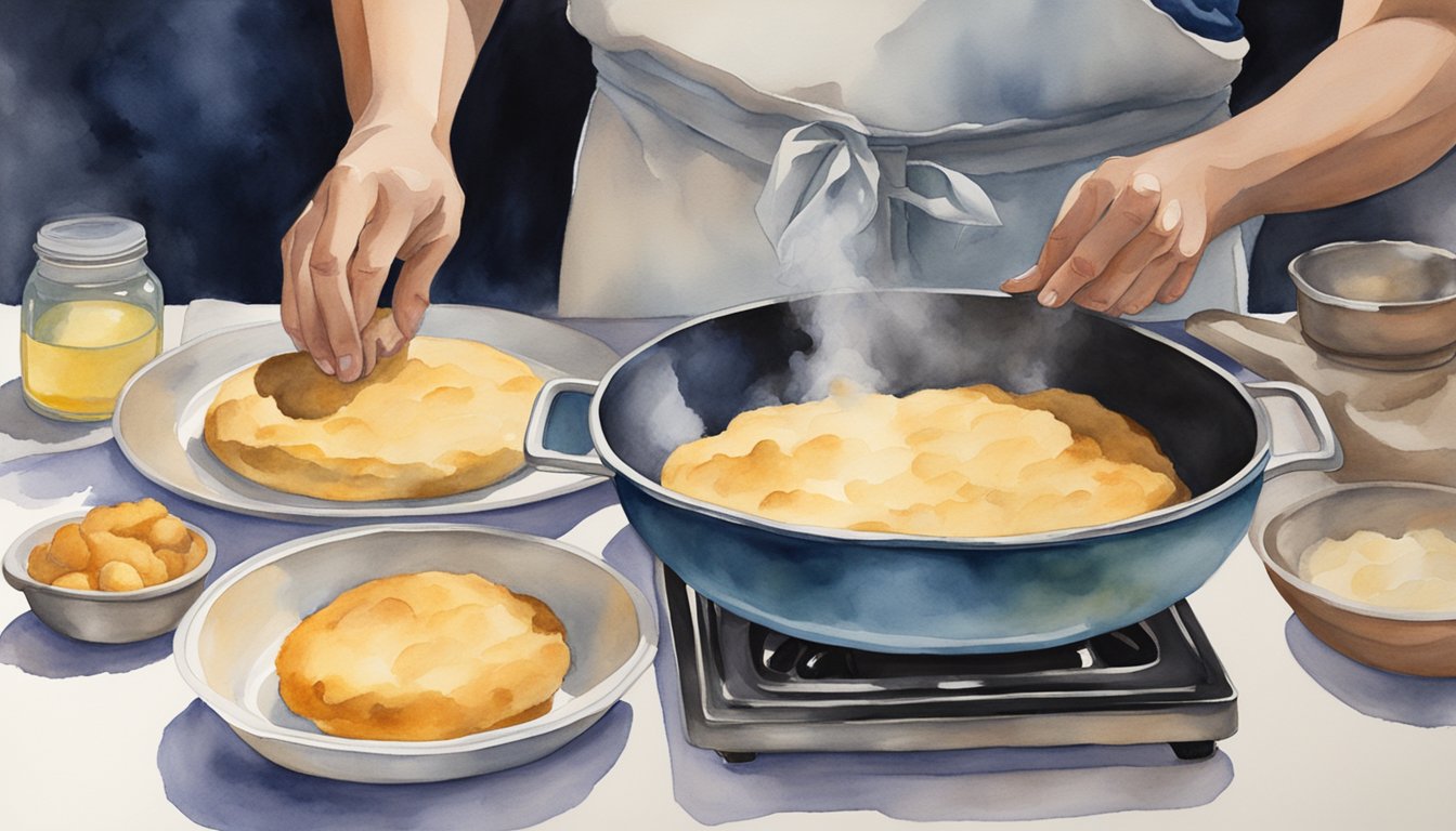 A pair of hands kneading dough, a pan sizzling with oil, and golden brown frybread puffing up on the stovetop