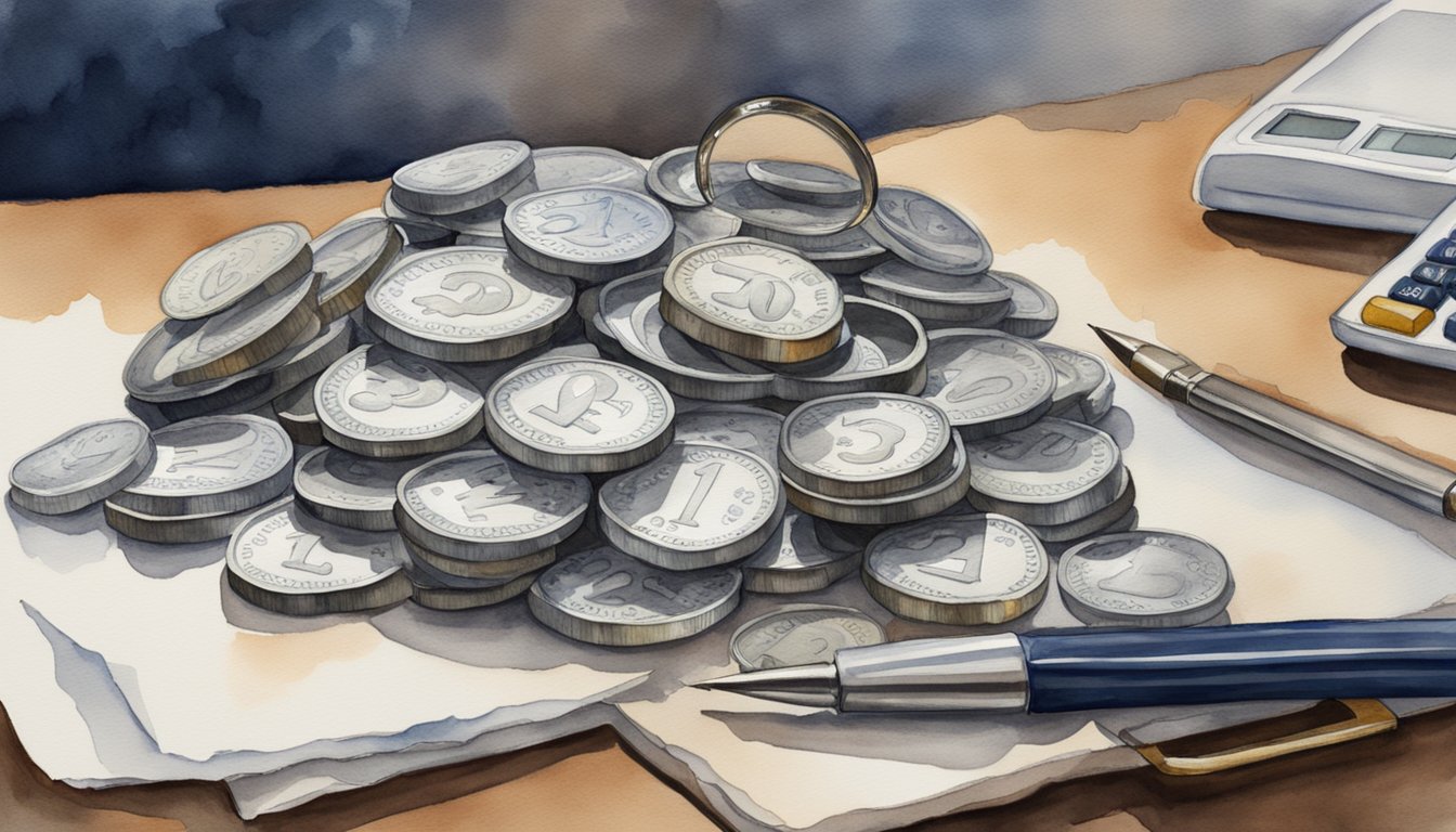 A pile of nickels being sorted and counted on a table.</p><p>A magnifying glass and calculator nearby for valuation