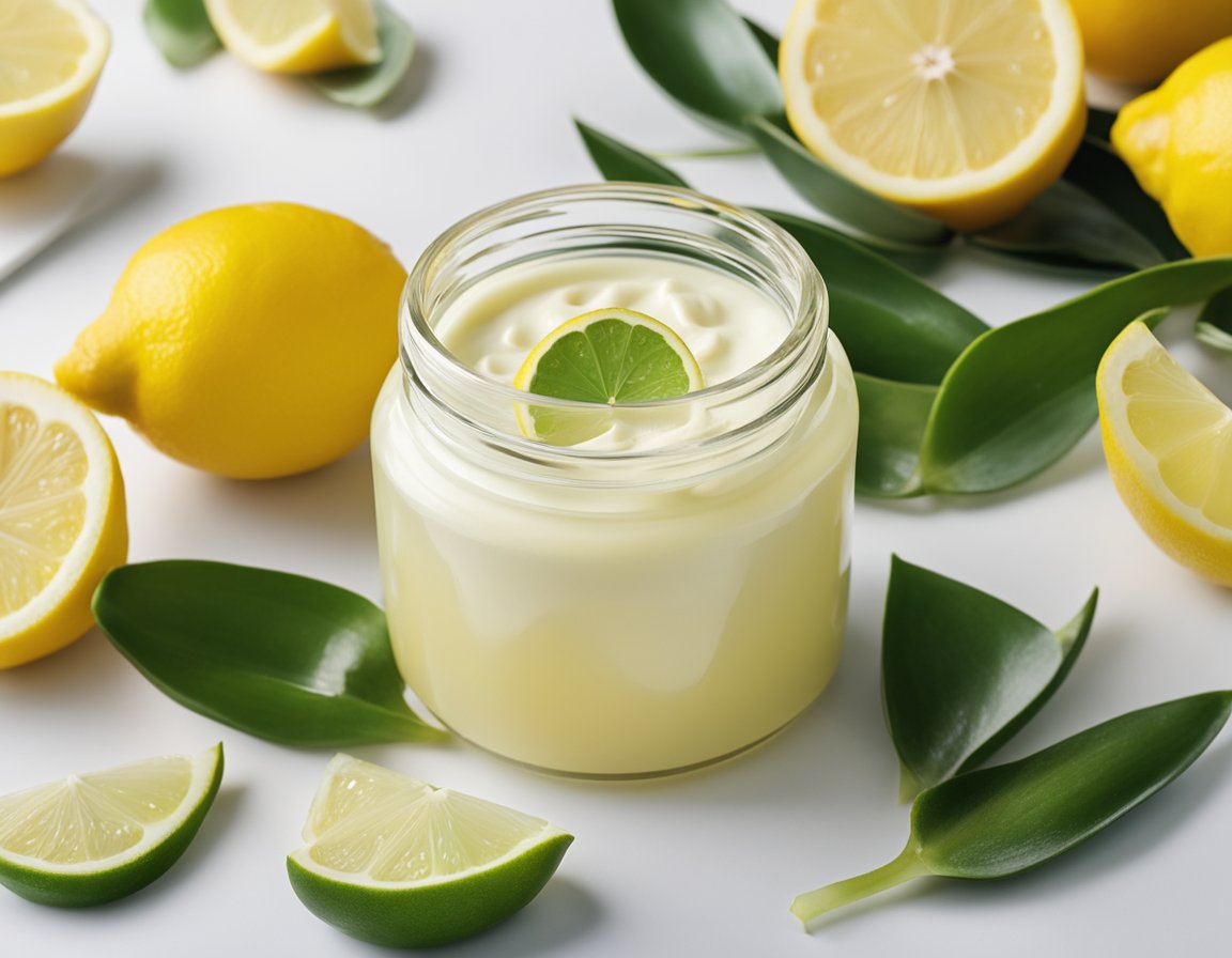 A jar of natural whitening cream surrounded by fresh lemons and aloe vera leaves on a clean, white background