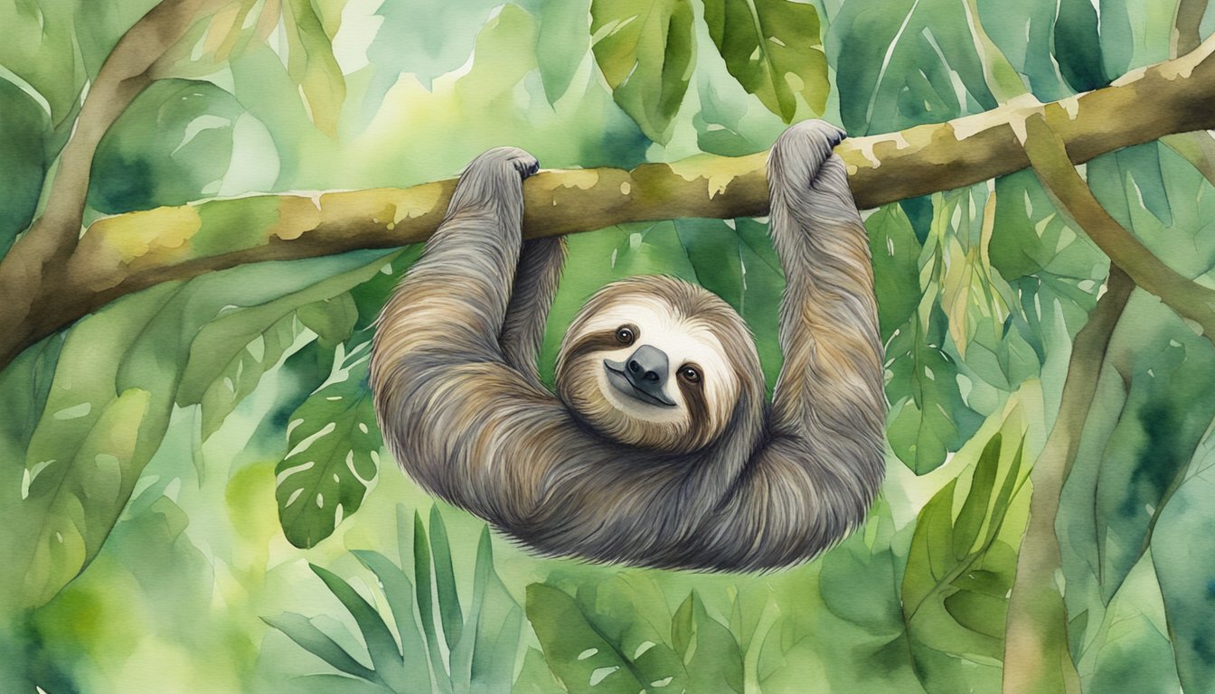 A sloth hangs upside down from a tree branch in a lush, tropical rainforest.</p><p>Its long, shaggy fur blends in with the moss-covered trees, and its slow movements match the peaceful, serene atmosphere of its environment