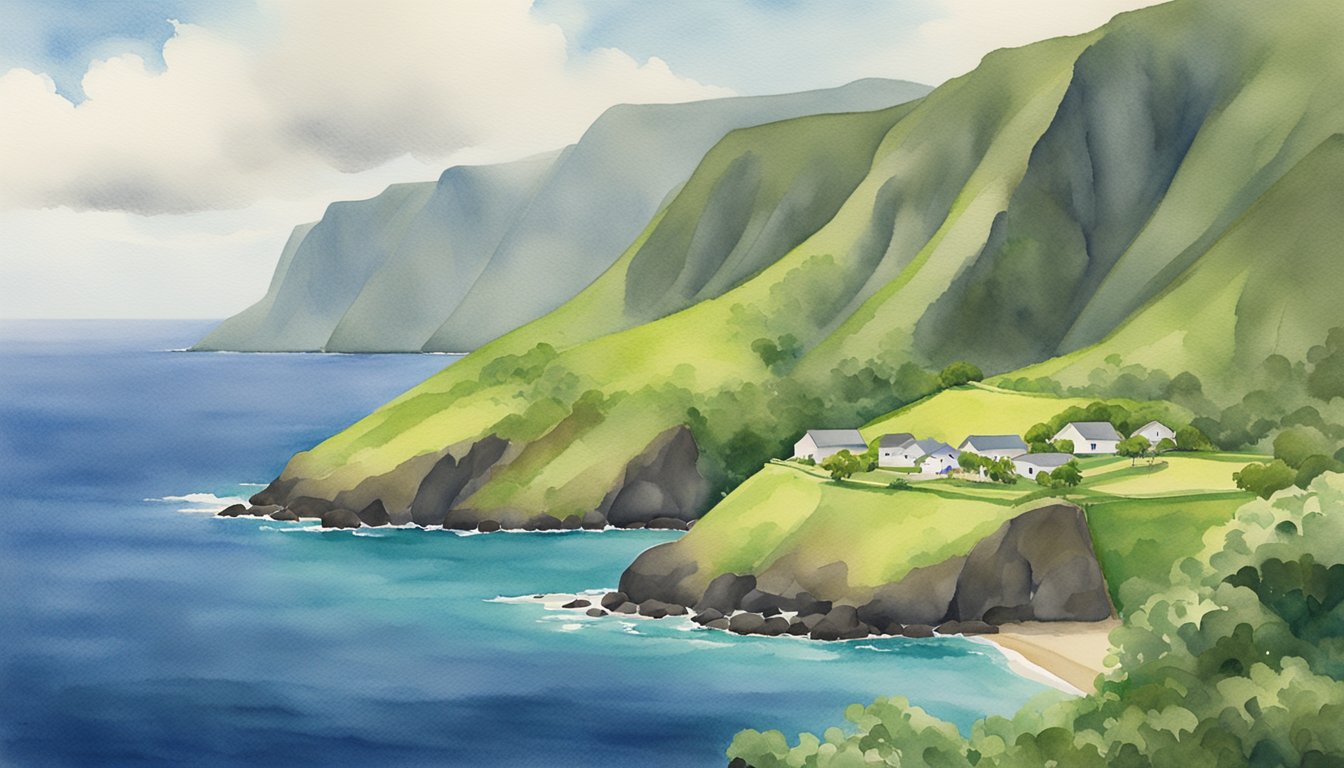 The lush green cliffs of Kalaupapa overlook the tranquil blue waters, with small cottages dotting the landscape.</p><p>A sense of isolation and peace permeates the scene