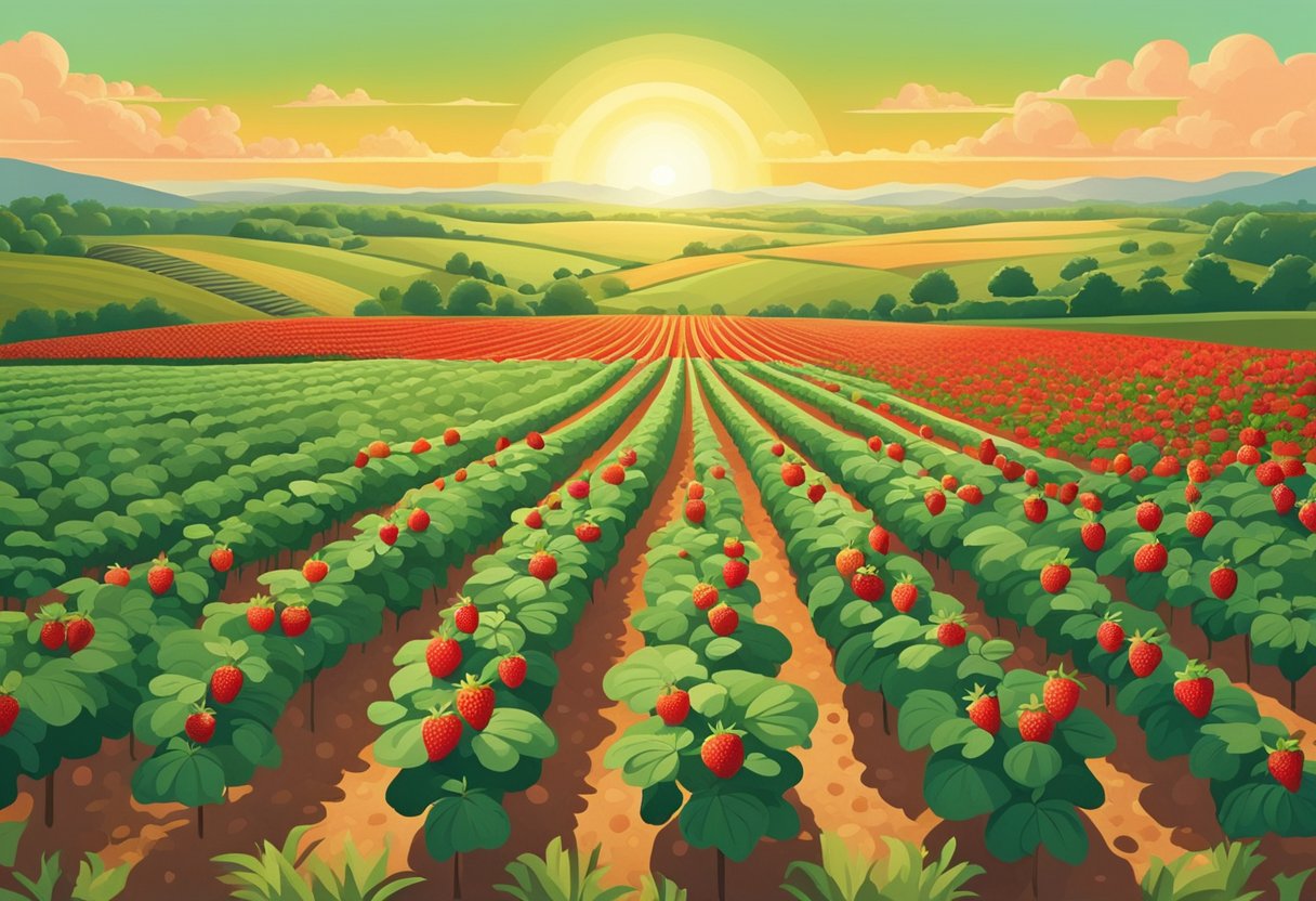 Lush green fields stretch to the horizon, dotted with rows of vibrant red strawberries. The sun bathes the landscape in a warm glow, inviting visitors to pick their own juicy fruits