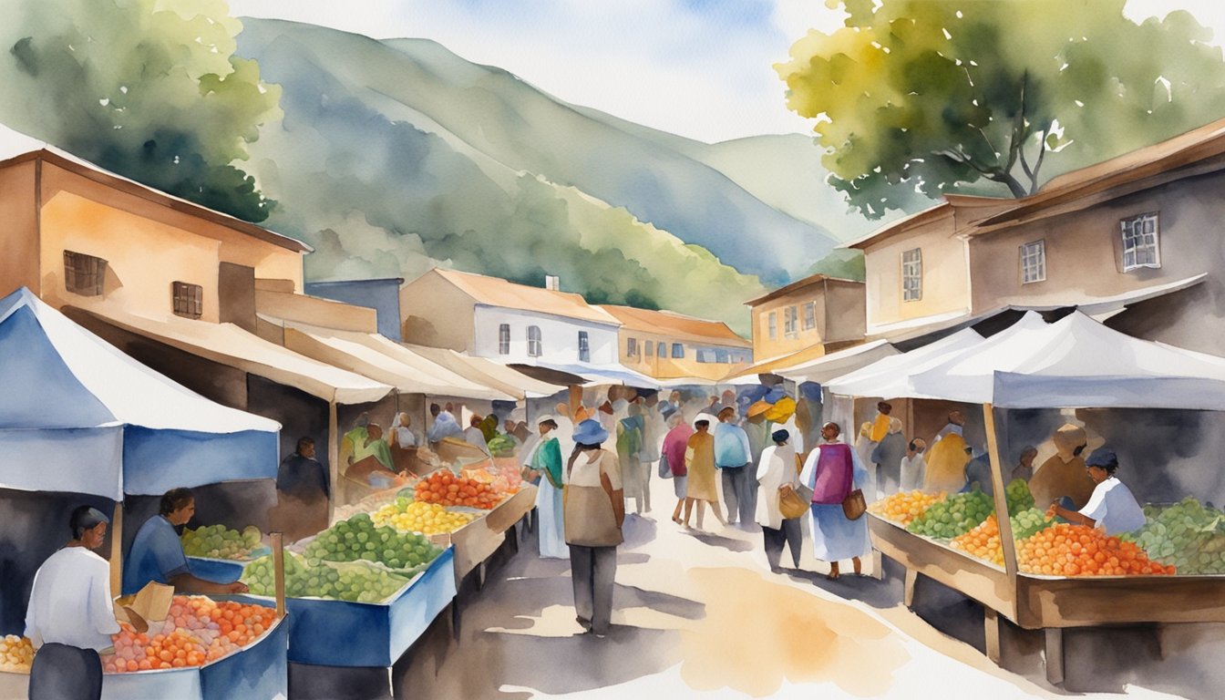 A bustling market with colorful stalls, people trading goods, and modern buildings in the background, capturing the blend of culture and economy in modern life on Saint Helena