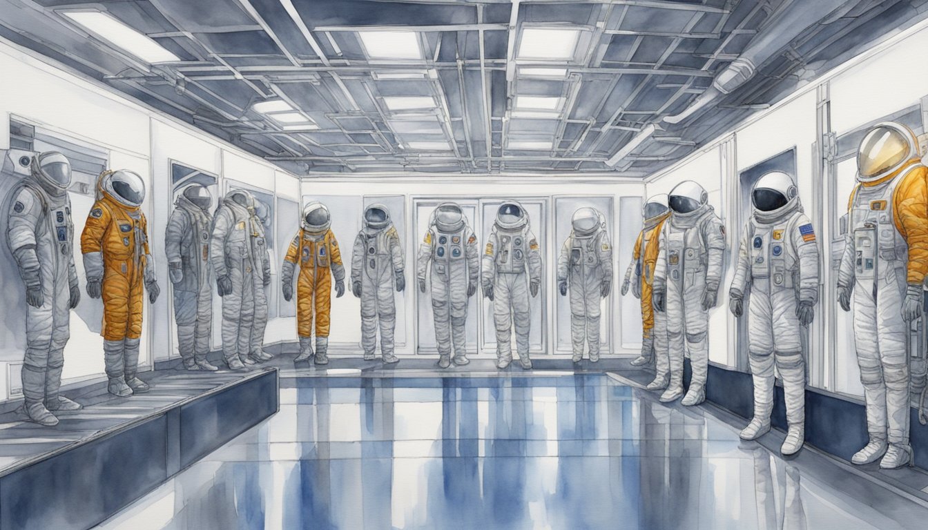 New space suits hang in a pristine, high-tech facility, illuminated by bright, white lights.</p><p>The suits are sleek and futuristic, with advanced materials and intricate details