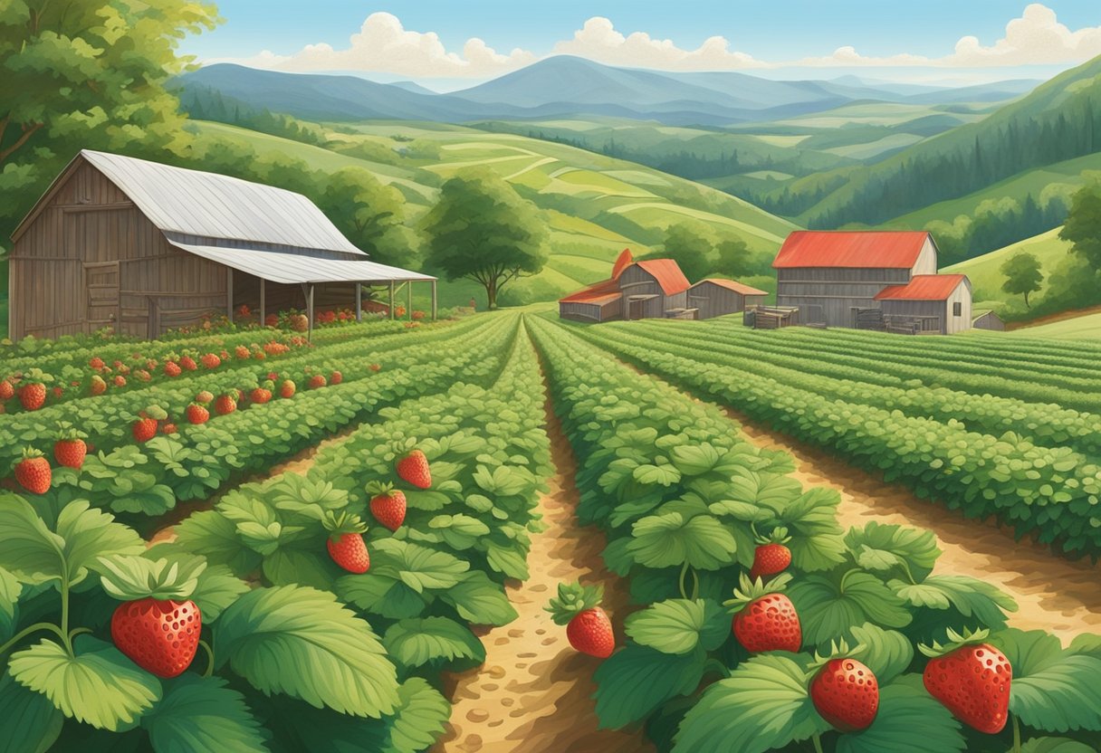 Lush green fields of strawberry plants stretch out under the bright sun, with rows of ripe, red berries ready for picking. A rustic farm stand and a backdrop of rolling hills complete the idyllic scene