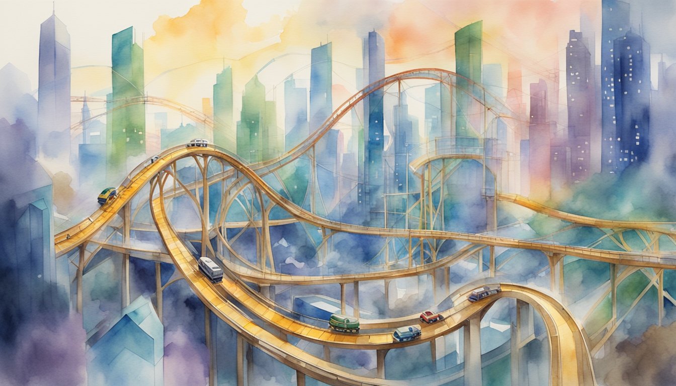 A roller coaster zooms through a futuristic city, displaying technological innovations and breaking records