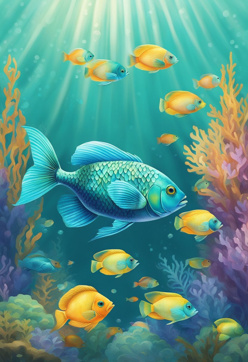 The Sowa fish swims gracefully in clear, turquoise waters, its scales shimmering in the sunlight. Its sleek body is adorned with vibrant colors, and its fins move with elegant fluidity