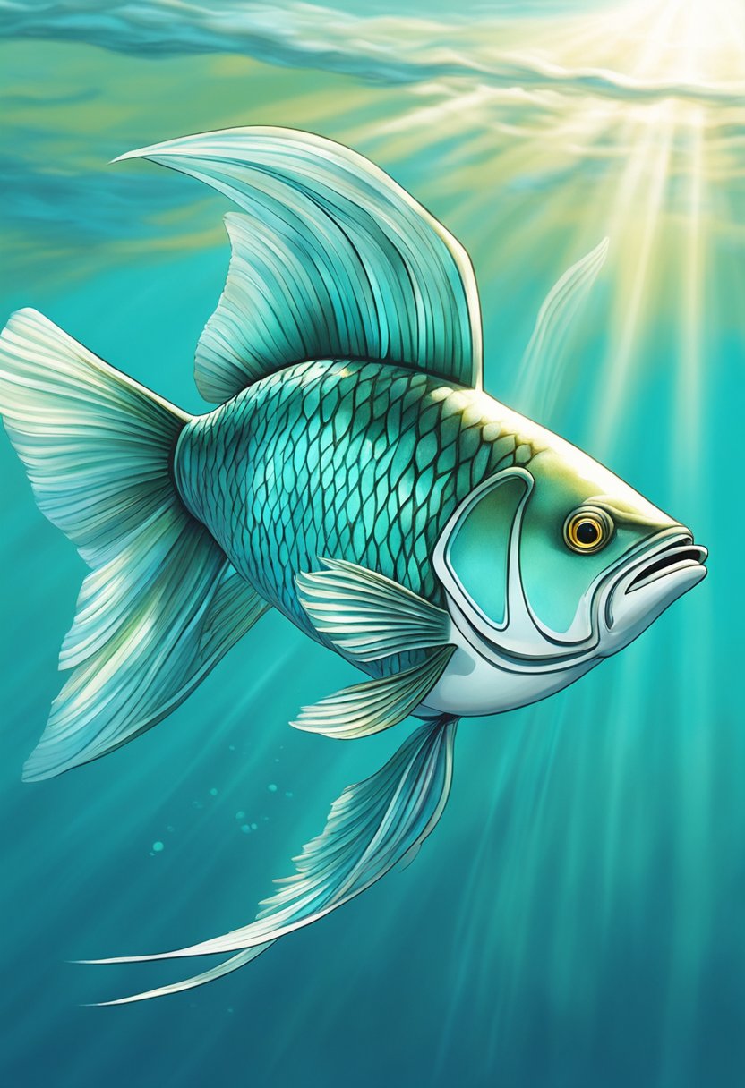 The sowa fish swims gracefully in clear, turquoise waters, its sleek body shimmering under the sunlight. Its long, flowing fins trail behind as it moves effortlessly through the water