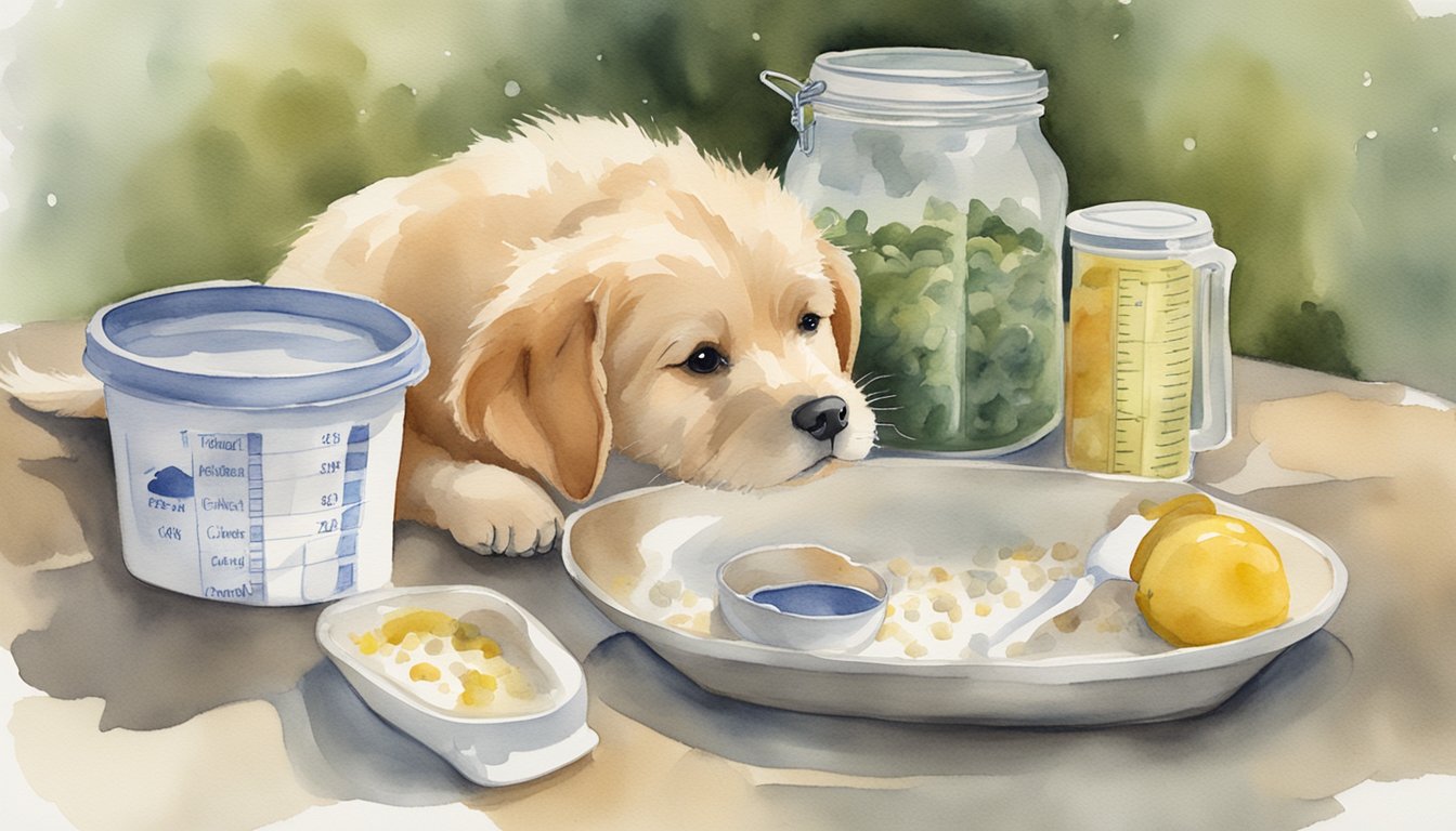 A dog eating weight management food, labeled "without chicken," with a measuring cup nearby