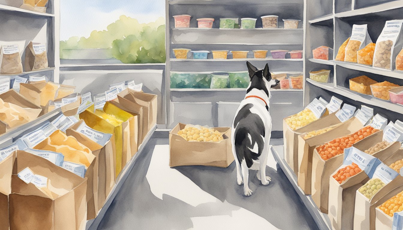 A dog sniffs at various bags of weight management dog food, with labels indicating they are chicken-free options