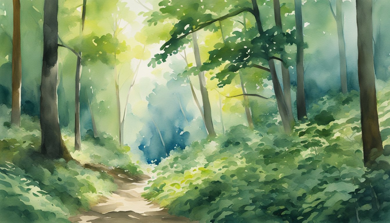 A lush forest with towering trees, a winding river, and a clear blue sky.</p><p>Sunlight filters through the leaves, creating dappled patterns on the forest floor