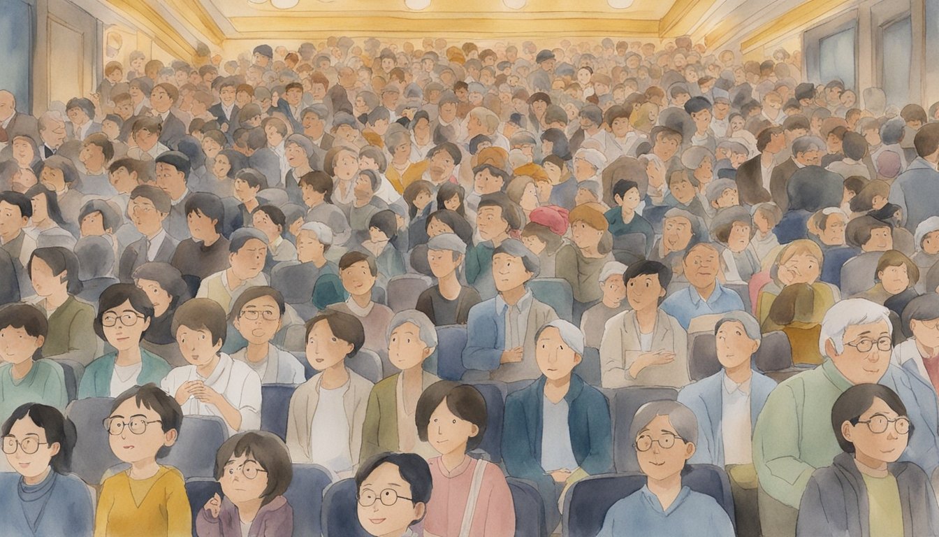 A crowded theater buzzes with excitement as viewers react to Miyazaki's new film, their faces illuminated by the screen