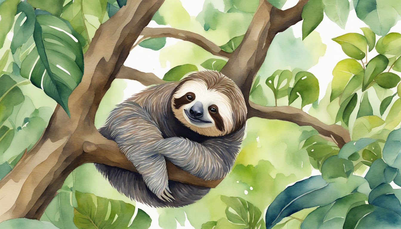 A sloth lounges in a tree, surrounded by lush foliage.</p><p>It moves slowly, conserving energy.</p><p>Its relaxed posture reflects its survival strategy