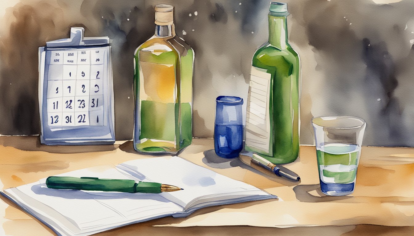 A table with a bottle of alcohol, a glass, and a journal with a pen.</p><p>A calendar with marked days and a support hotline number displayed