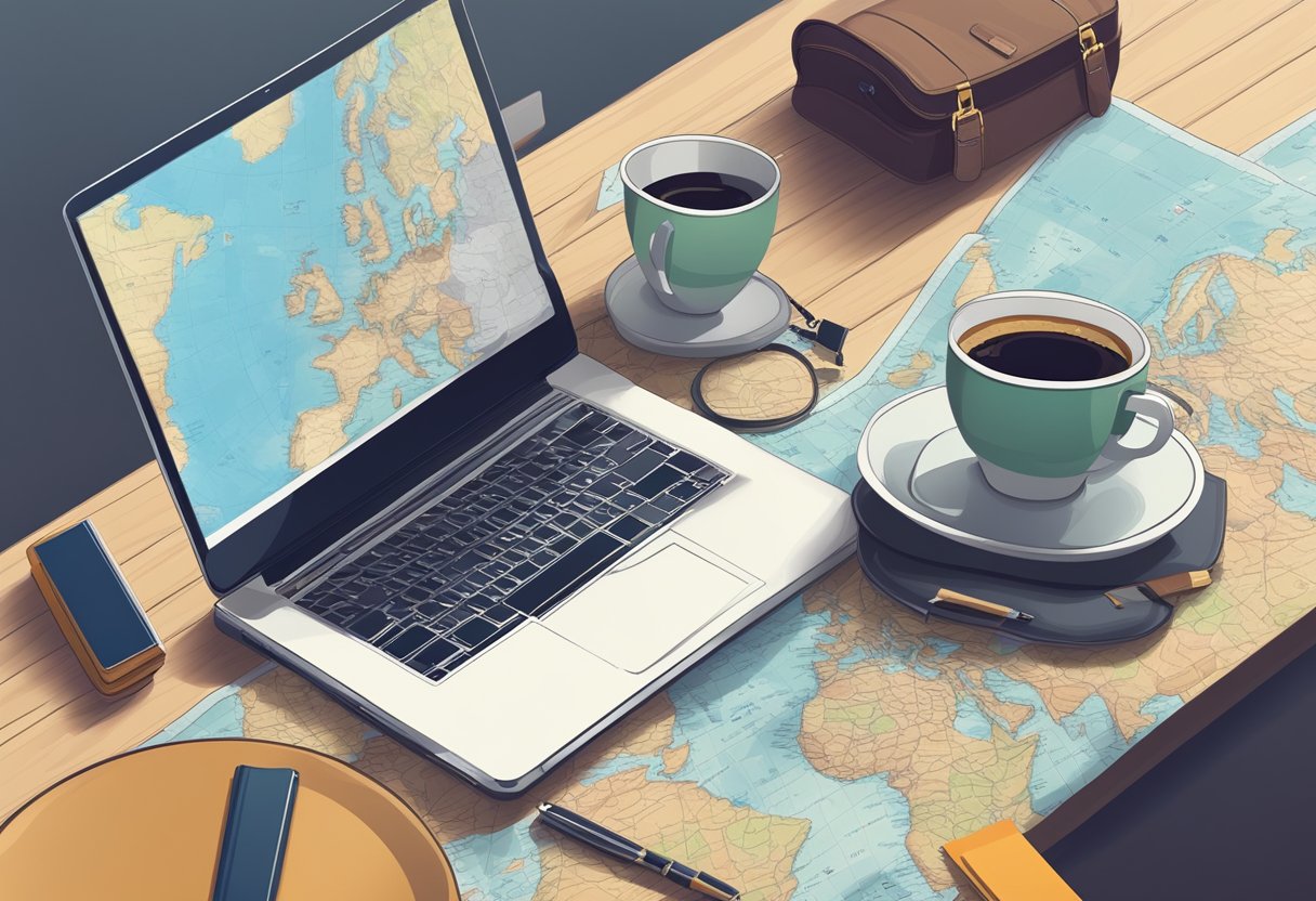 A laptop, smartphone, and passport on a table surrounded by a map, travel guides, and a cup of coffee