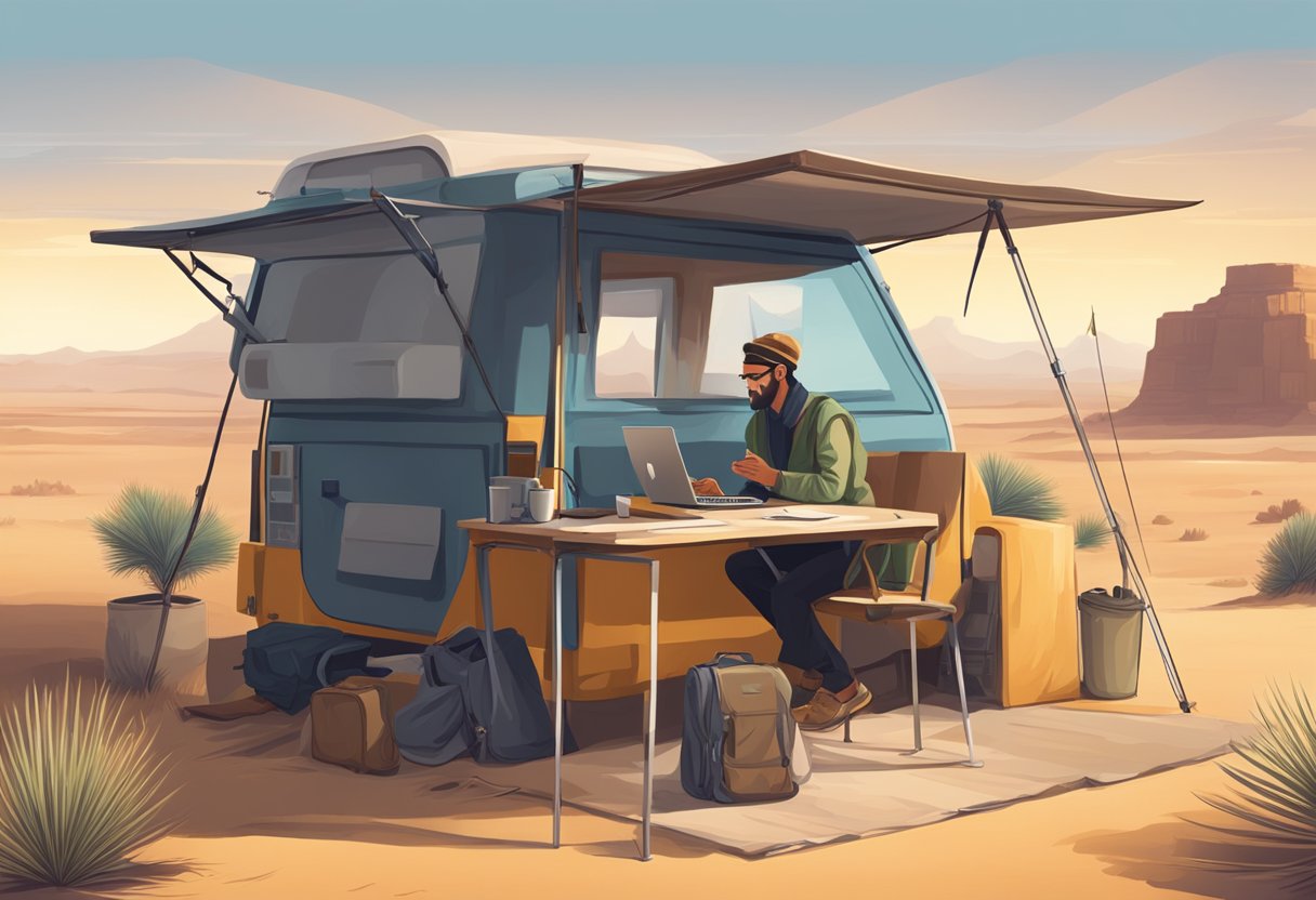 A digital nomad setting up a mobile office in a remote desert, facing challenges of limited resources and harsh environment