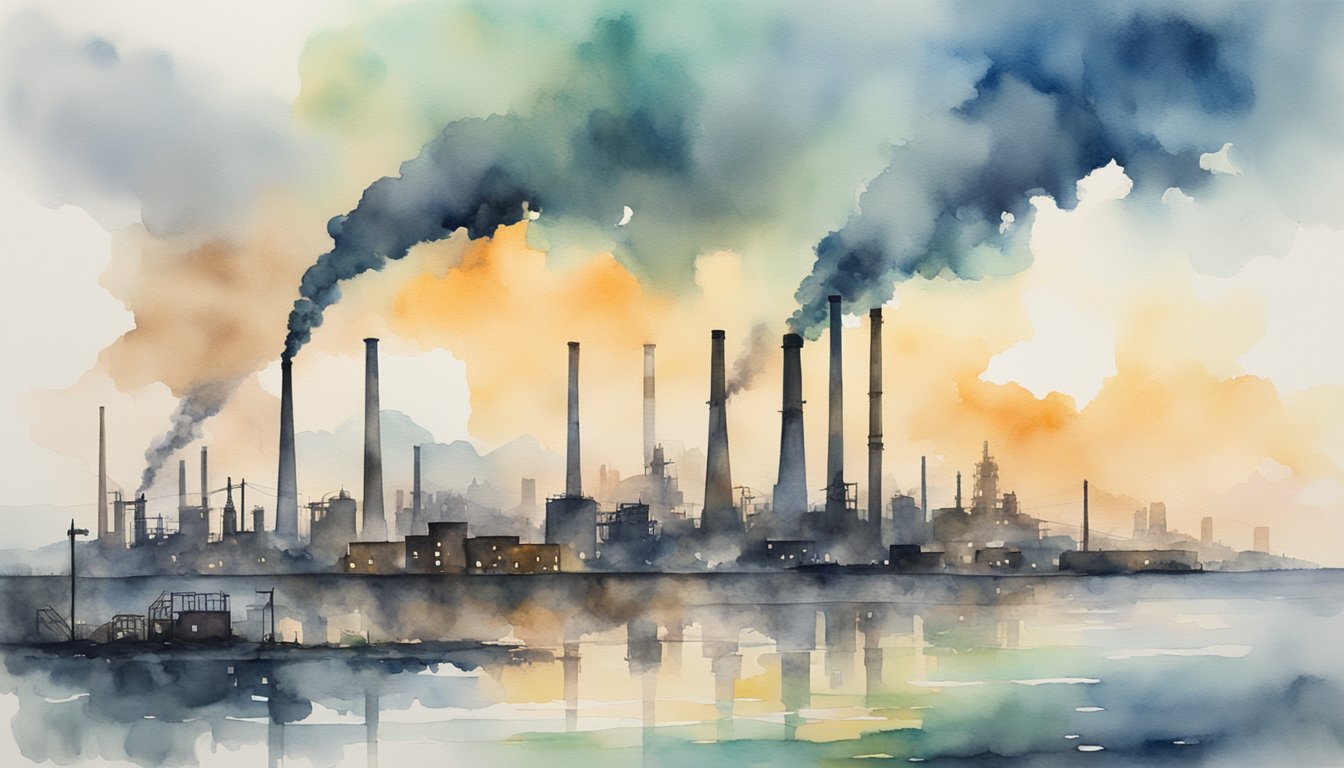 A polluted city skyline with industrial smokestacks, deforested land, and plastic waste in the ocean