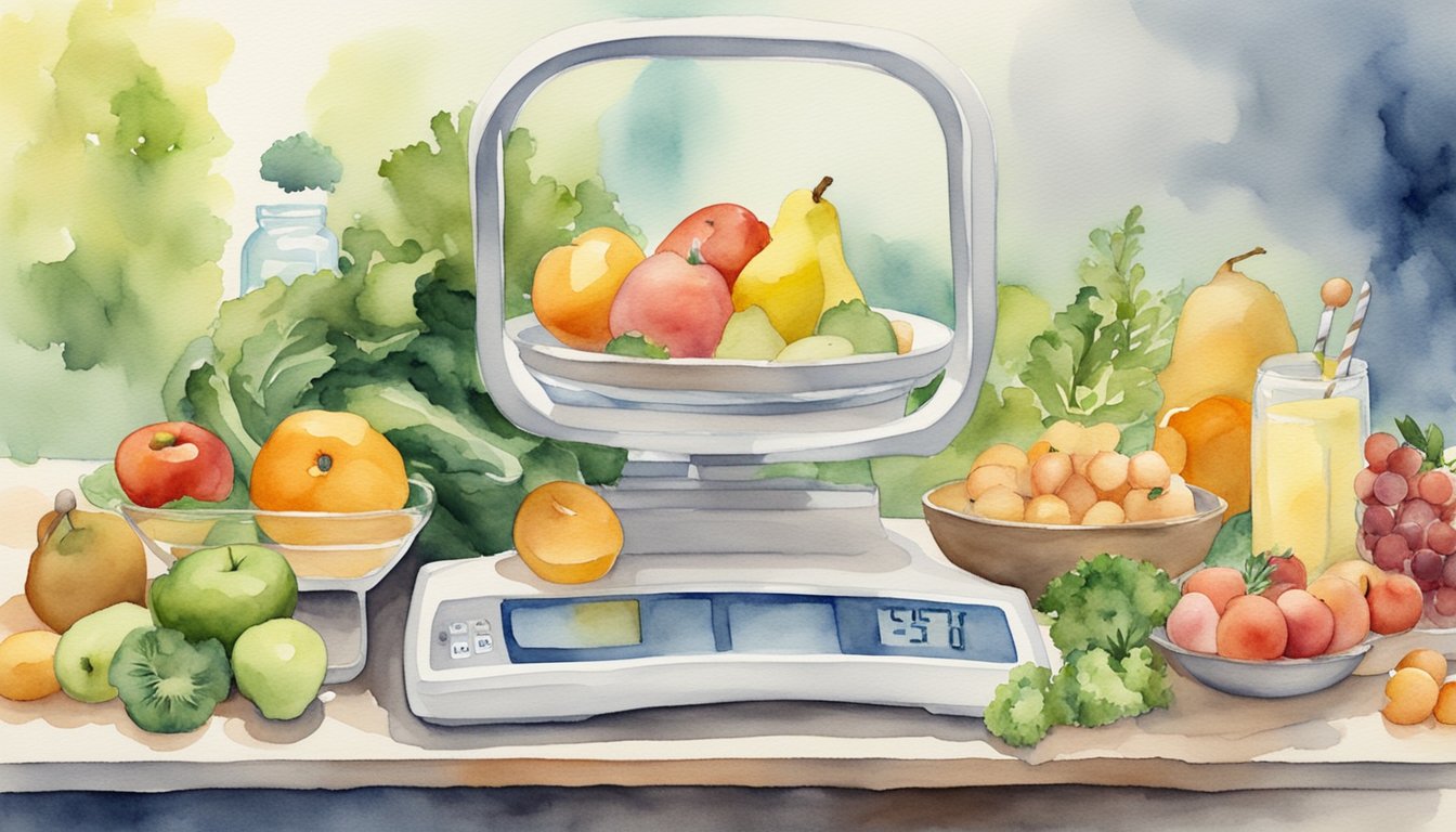 A scale surrounded by healthy food and exercise equipment