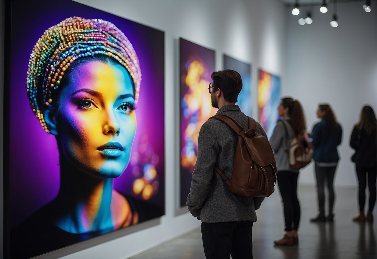 An AI-generated artwork displayed at a gallery, surrounded by diverse artists discussing and admiring the innovative use of technology in art creation