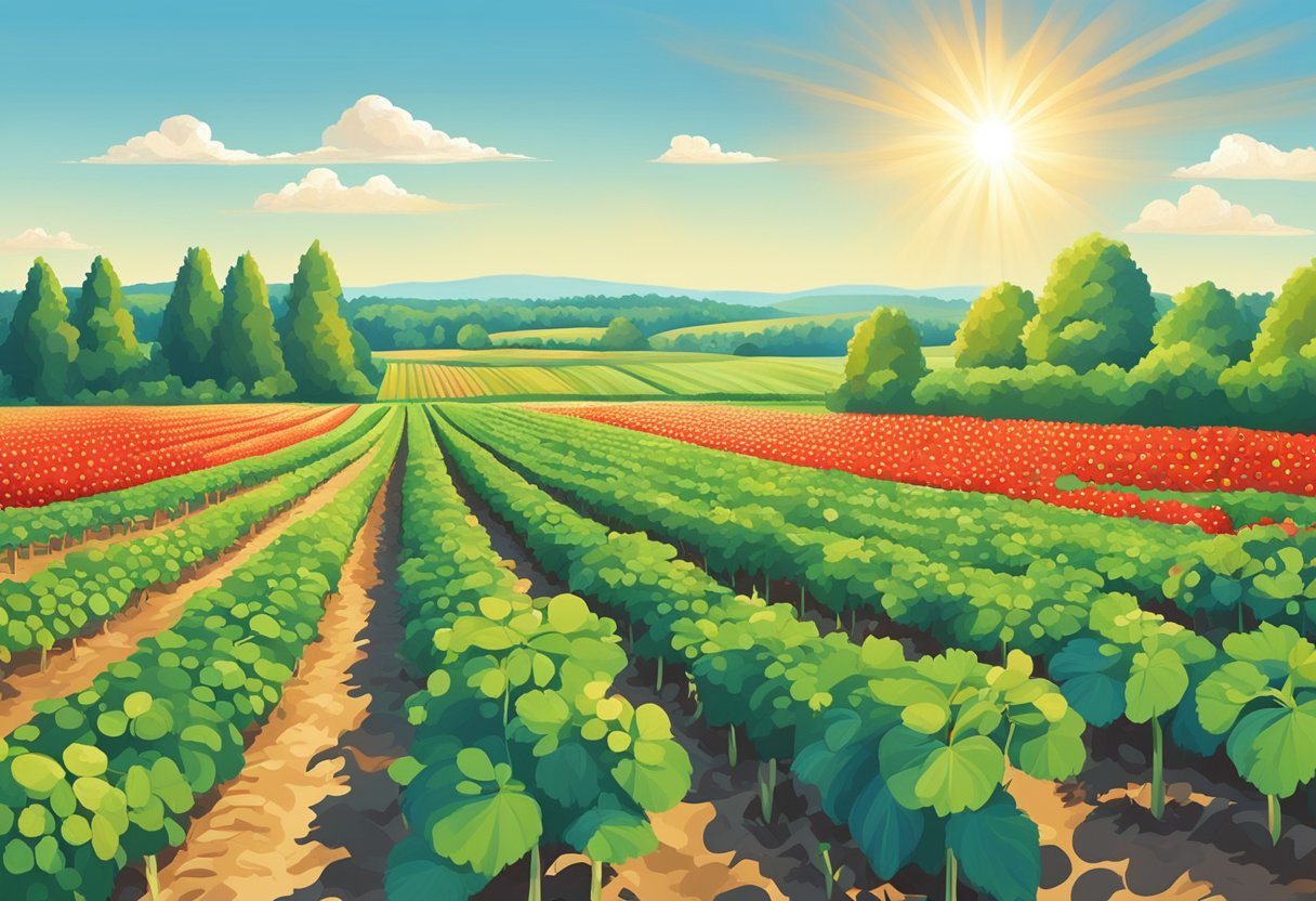 Lush green fields stretch out under a bright blue sky, rows of ripe, red strawberries glistening in the sun at The Best Pick Your Own Farms near Montreal