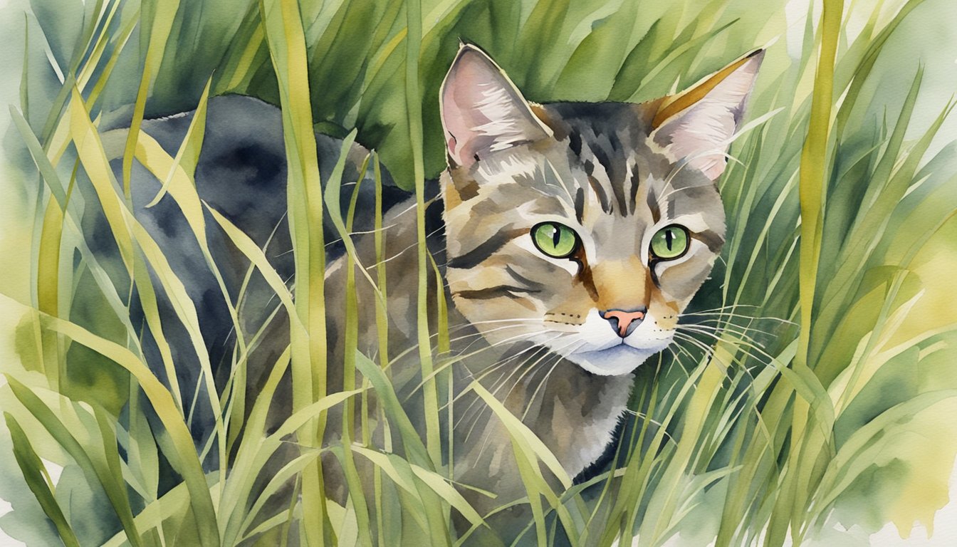 A cat prowls through tall grass, its ears perked and eyes focused.</p><p>It stalks a small rodent, displaying its predatory behavior.</p><p>The cat's sleek fur and agile movements showcase its adaptability in various environments