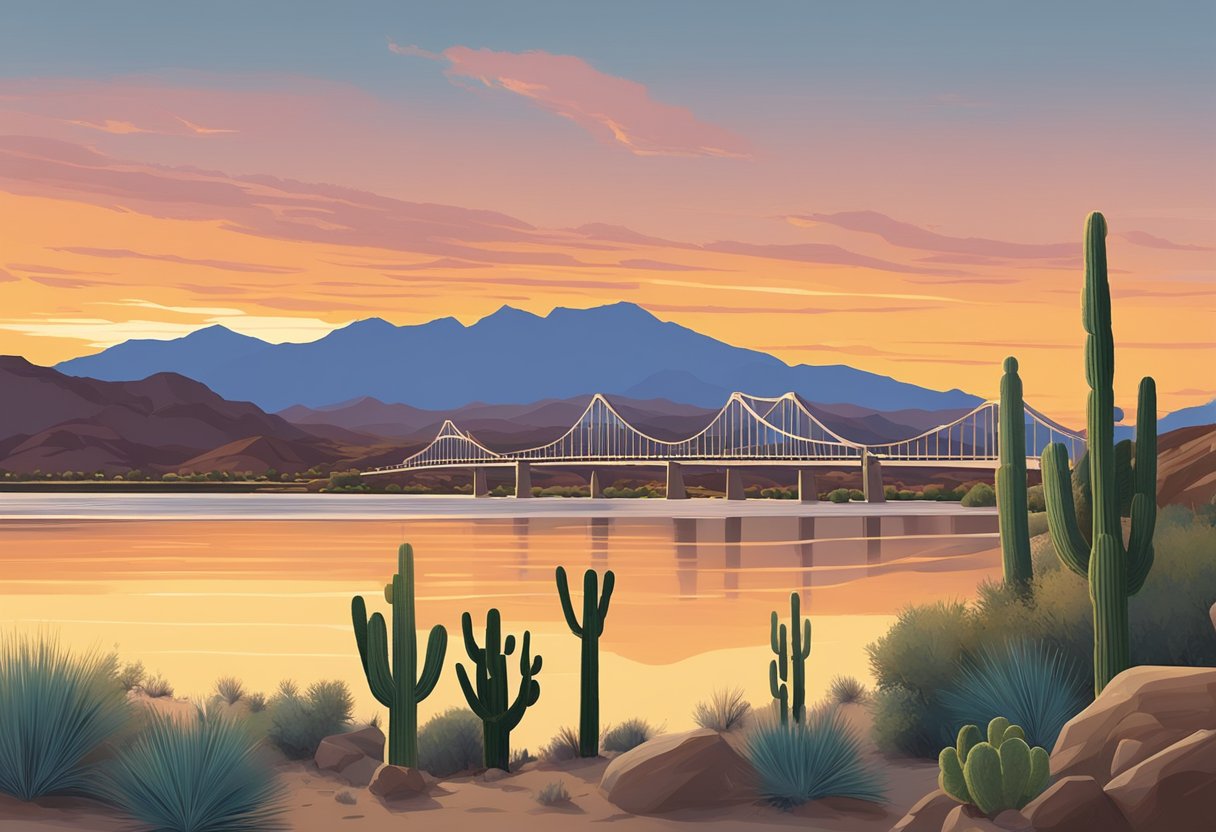 The sun sets over the Colorado River, casting a warm glow on the rugged desert landscape of Bullhead City. Cacti and mesquite trees dot the sandy terrain, while the iconic Laughlin Bridge stretches across the water in the distance