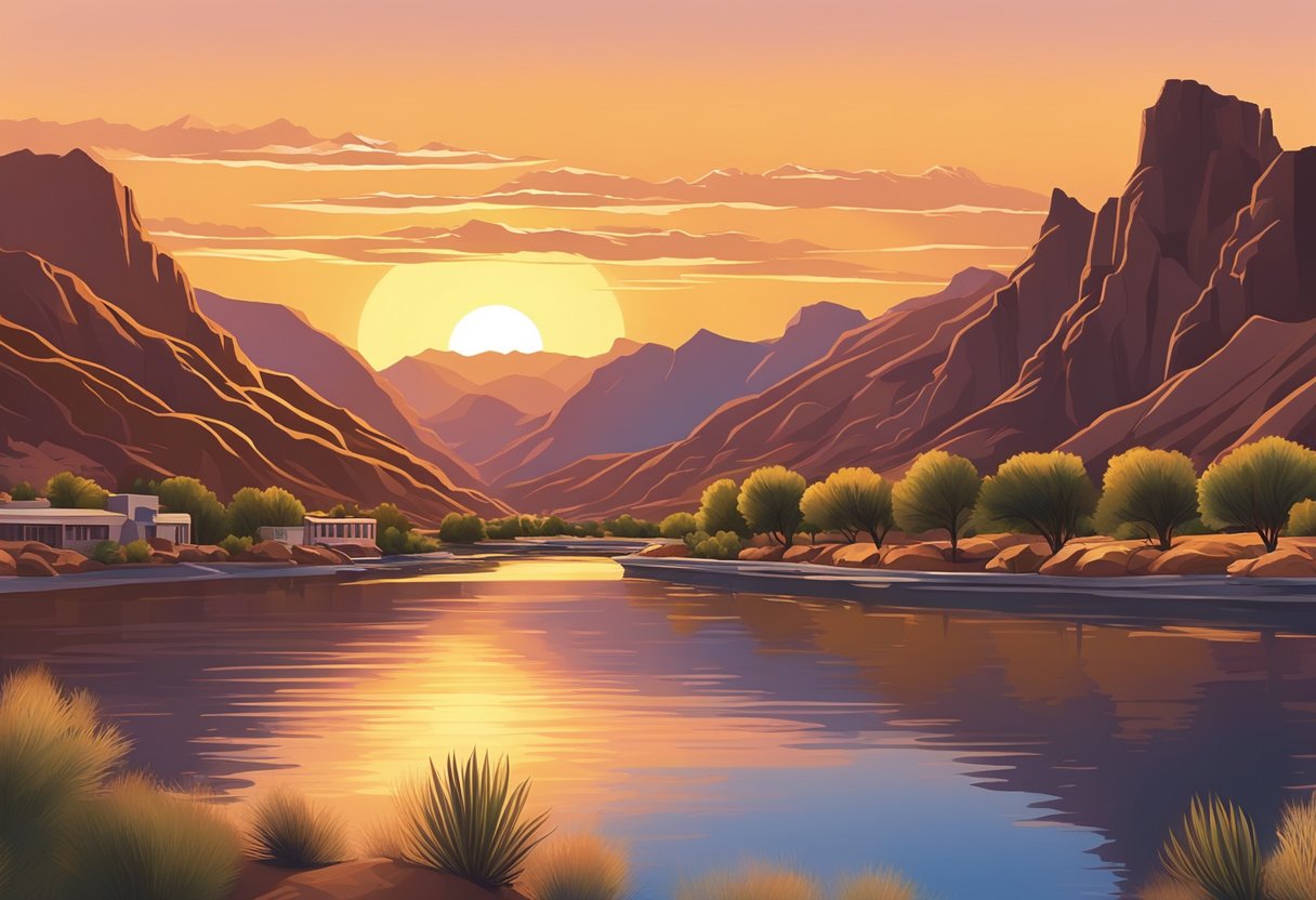 The sun sets behind the rugged mountains, casting a warm glow over the Colorado River as it winds through Bullhead City, Arizona. The city's skyline is illuminated by the fading light, creating a picturesque scene for visitors to explore