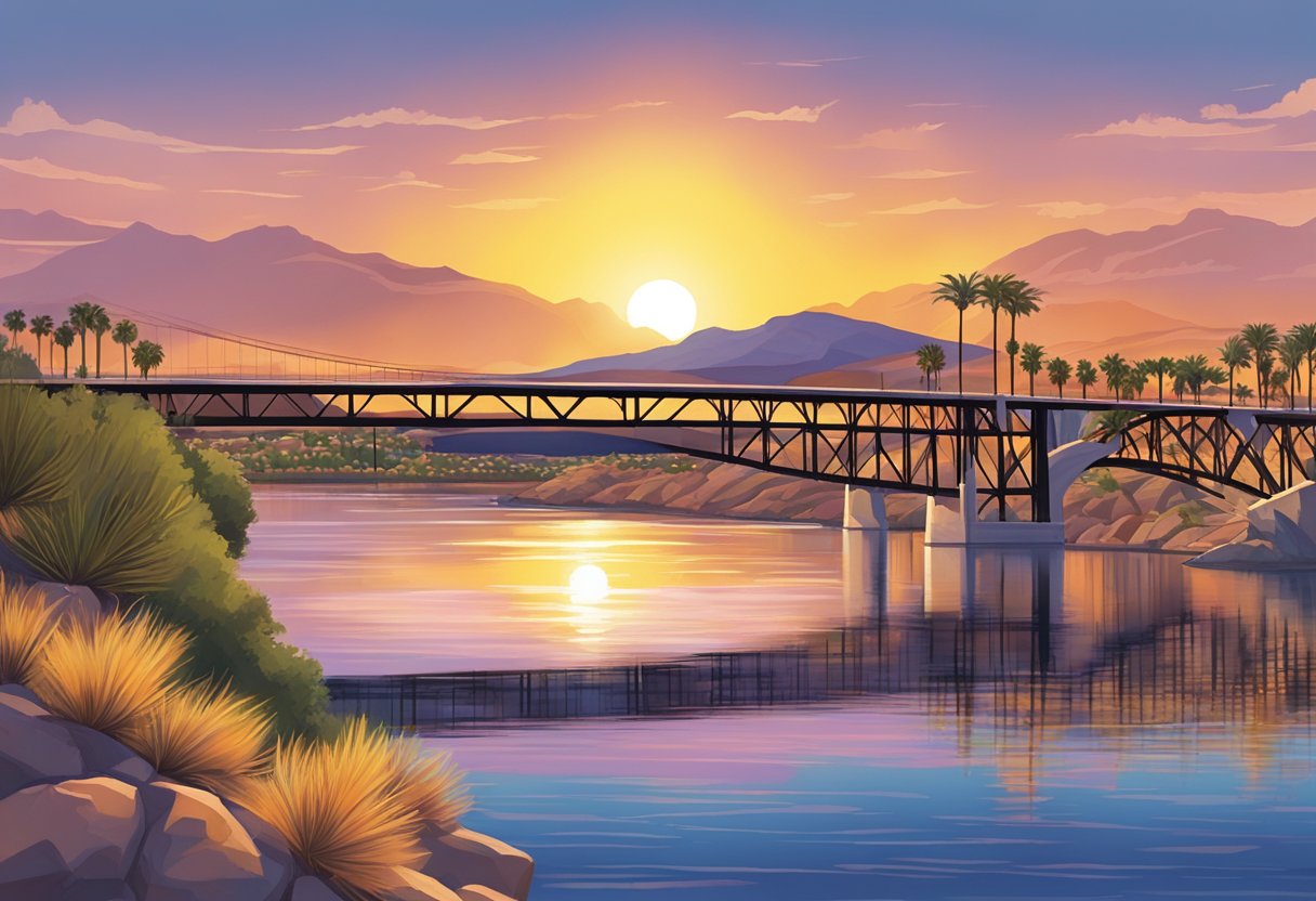 The sun sets over the Colorado River, casting a warm glow on the iconic Laughlin Bridge and the bustling riverfront promenade in Bullhead City, Arizona