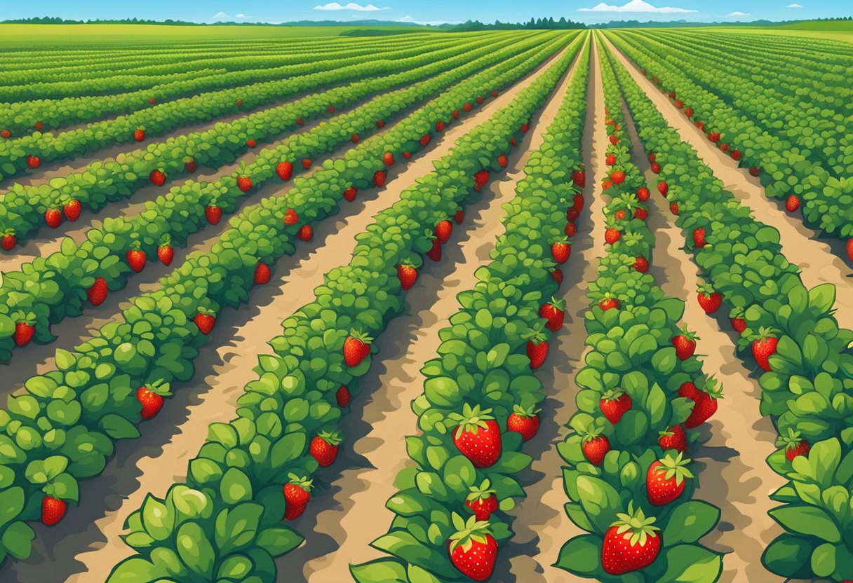 Lush green fields stretch out under a bright blue sky, rows of vibrant red strawberries ready to be picked at The Best Pick Your Own Farms near Ottawa