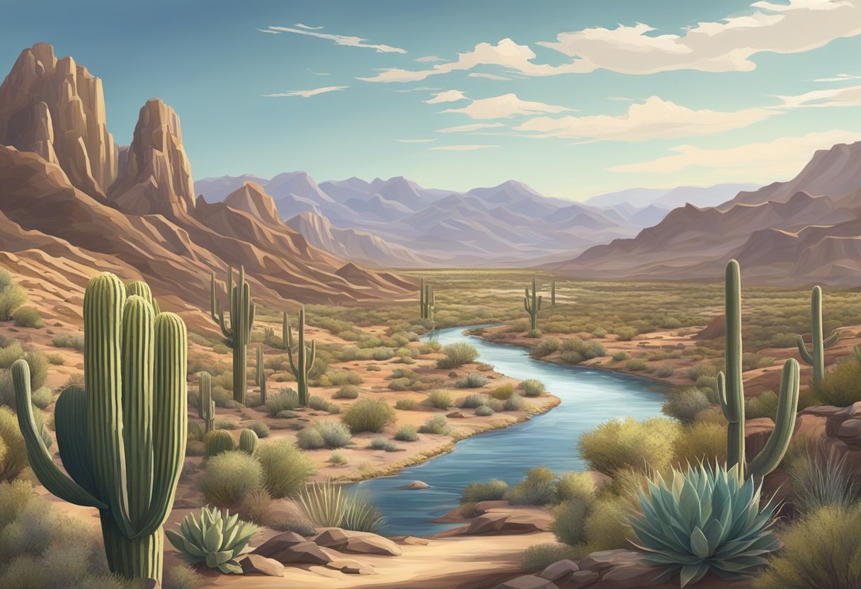 A rugged desert landscape with cacti, rocky terrain, and a winding river cutting through the arid landscape of Bullhead City, Arizona