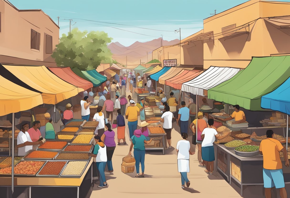 A bustling outdoor food market with colorful stalls selling local cuisine in Bullhead City, Arizona. The aroma of sizzling meats and spices fills the air as people sample the diverse array of dishes