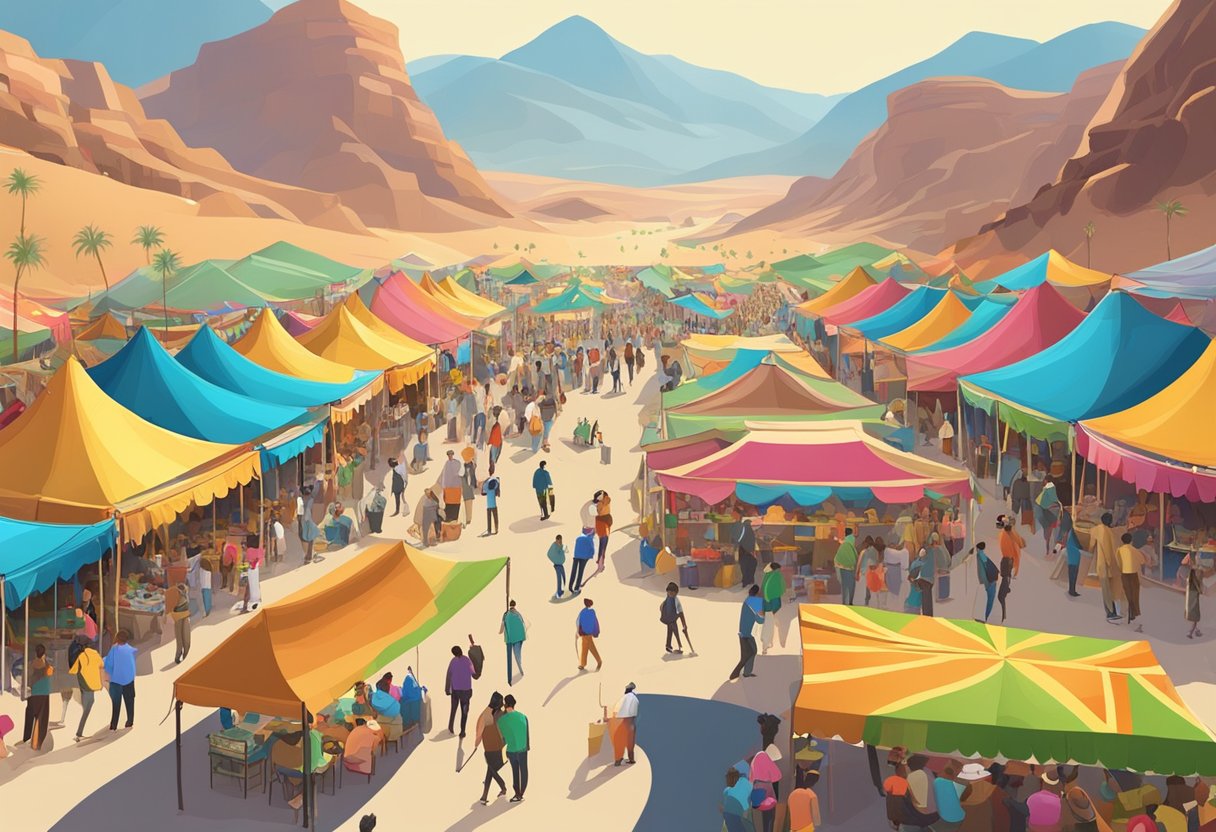 A bustling street fair with colorful tents and lively music, surrounded by desert mountains under a clear blue sky