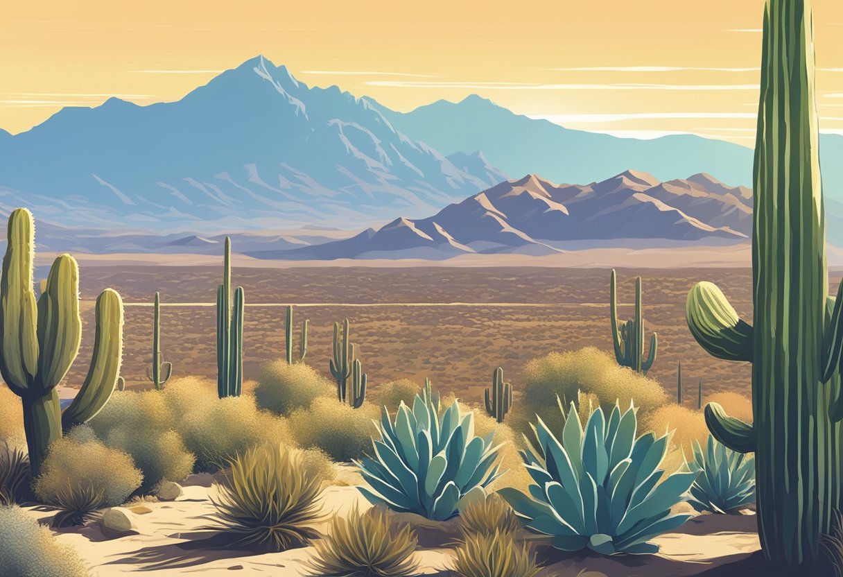 A desert landscape with cacti and mountains in the distance, a clear blue sky with the sun shining down on the rugged terrain of Bullhead City, Arizona