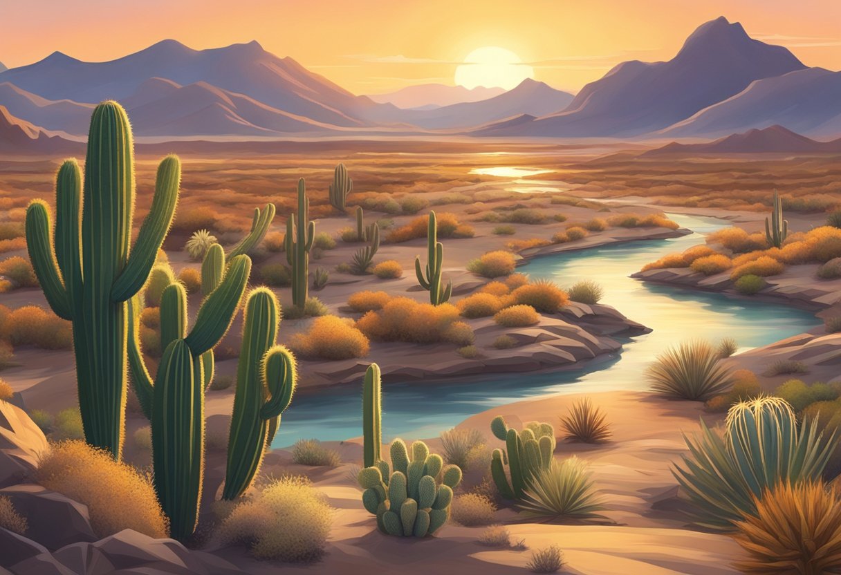 A desert landscape with a winding river, mountains in the background, and cacti scattered throughout the scene. The sun is setting, casting a warm glow over the rugged terrain