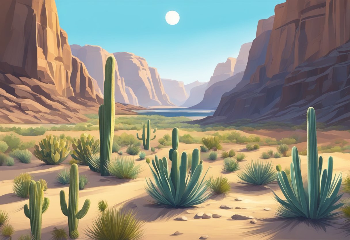 A desert landscape with the Colorado River in the background, cacti and rocky terrain, with a clear blue sky and the sun shining down