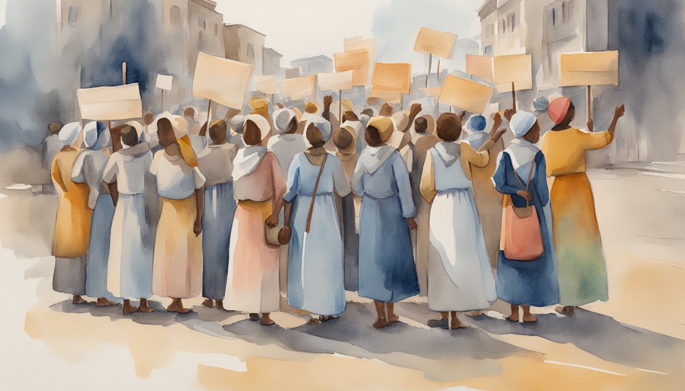 A group of matchstick girls gather, discussing social reforms.</p><p>They hold signs and banners, demanding change.</p><p>The atmosphere is charged with determination and hope