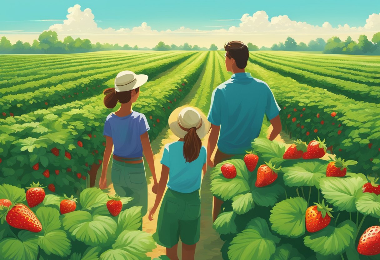 Lush green fields with rows of ripe red strawberries stretching towards the horizon, a bright blue sky overhead, and families enjoying the sunny day