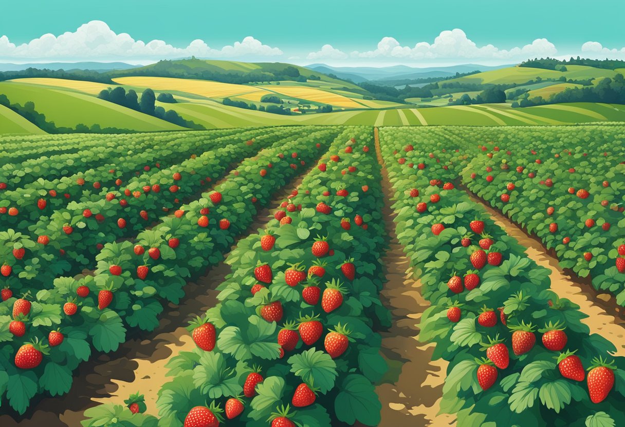 Lush green fields of strawberries, ripe for picking, surrounded by rolling hills and a clear blue sky near Pakenham