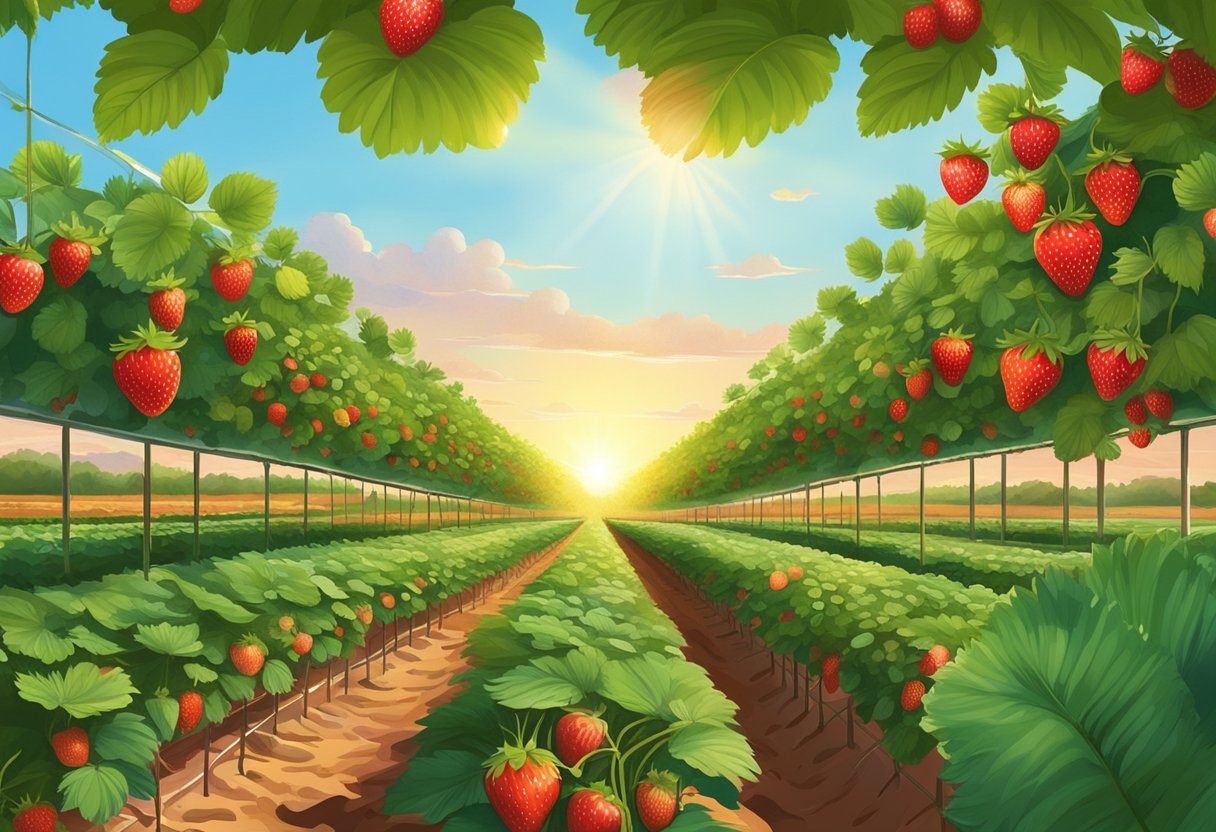 Lush strawberry fields in Palm Bay, FL, with rows of ripe red berries ready for picking. Sunlight filters through the green leaves, creating a warm and inviting atmosphere