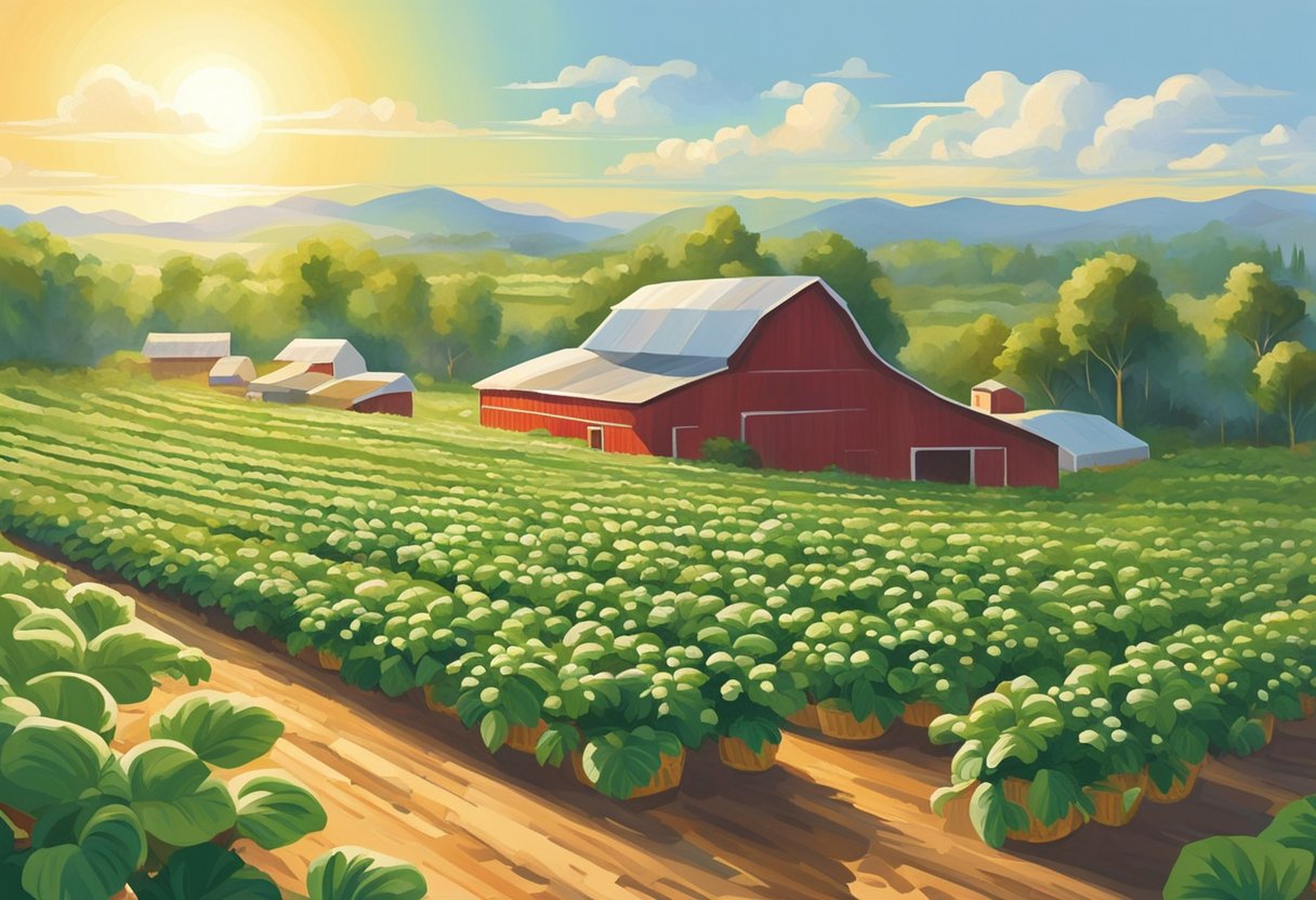 Sunlight filters through green strawberry plants as pickers fill baskets. A red barn and palm trees dot the landscape