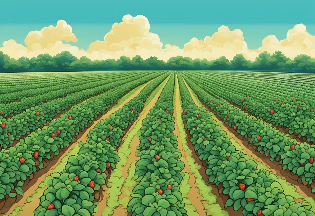 Lush green strawberry fields with rows of ripe red fruit, under a bright blue sky near Pensacola, FL